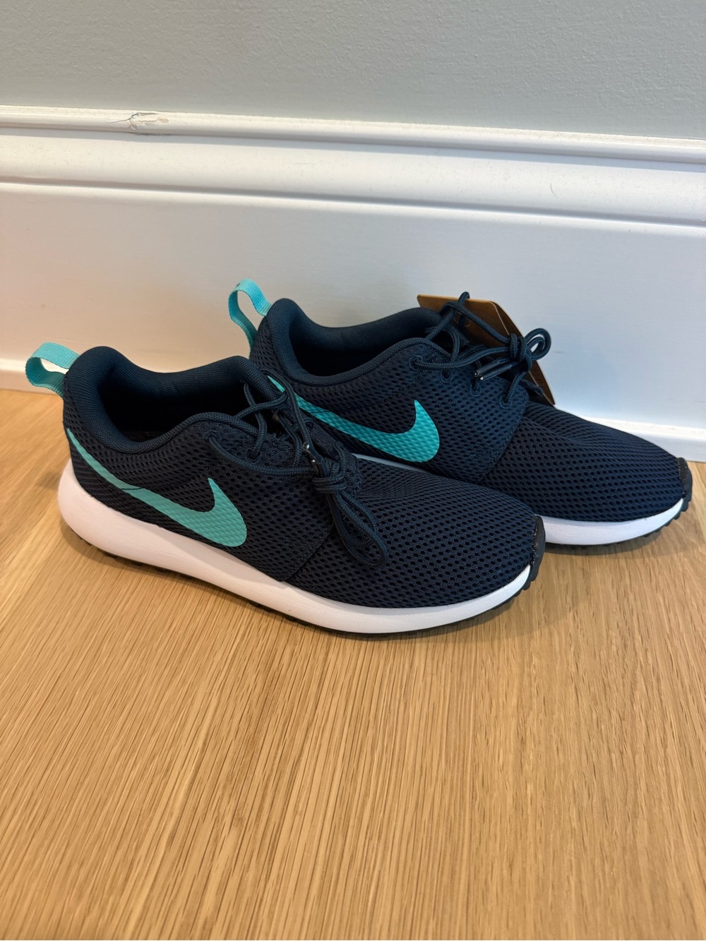 Nike Boys Navy Mesh Golf Sneakers with Teal Swoosh